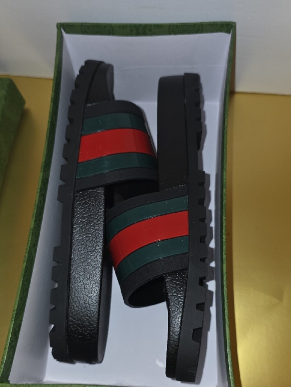 Gucci  Black Slides with Red & Green Web Stripe Authentic Designer Look